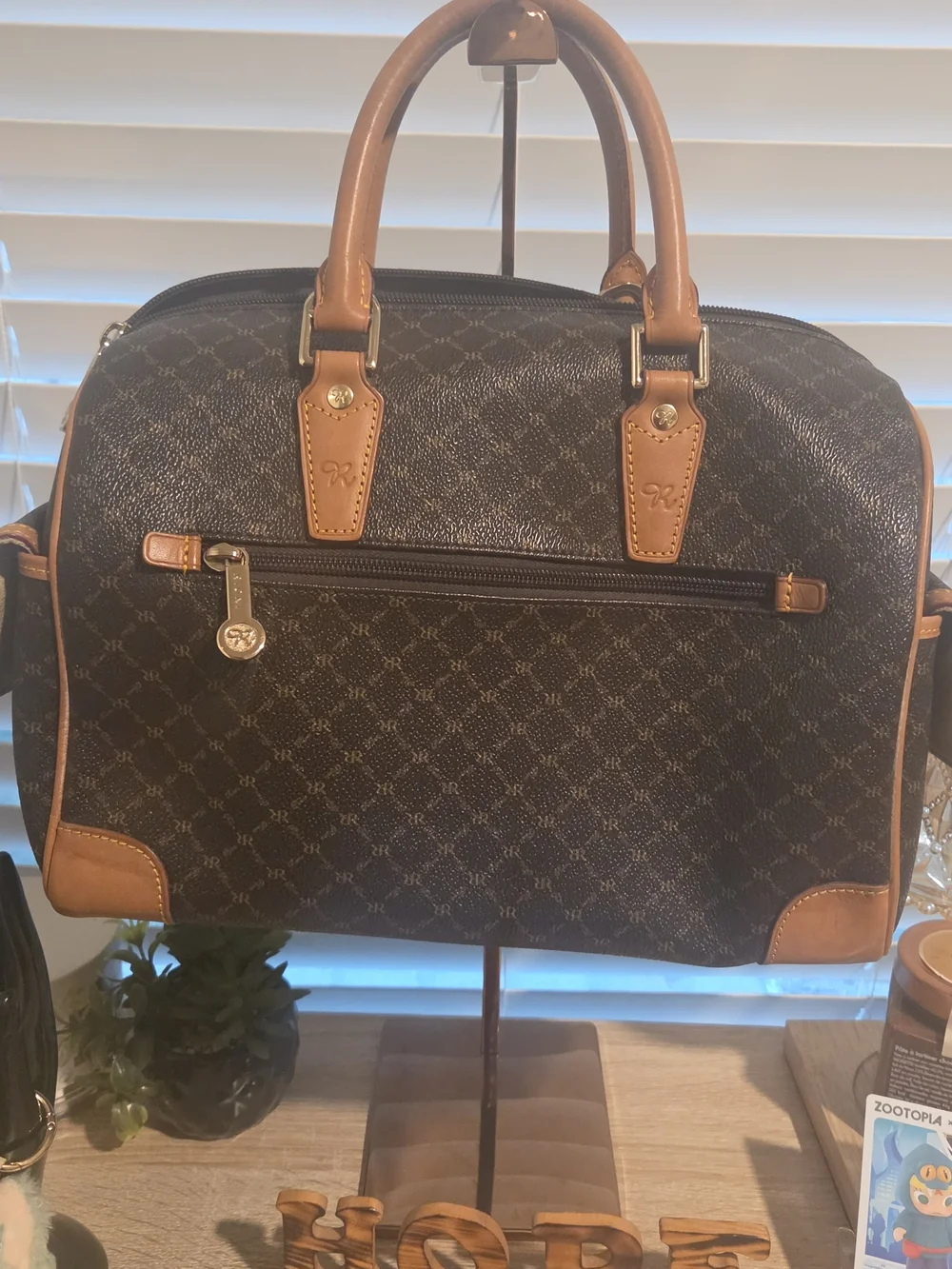 RIONI Brown Monogram Satchel Handbag with Tan Trim